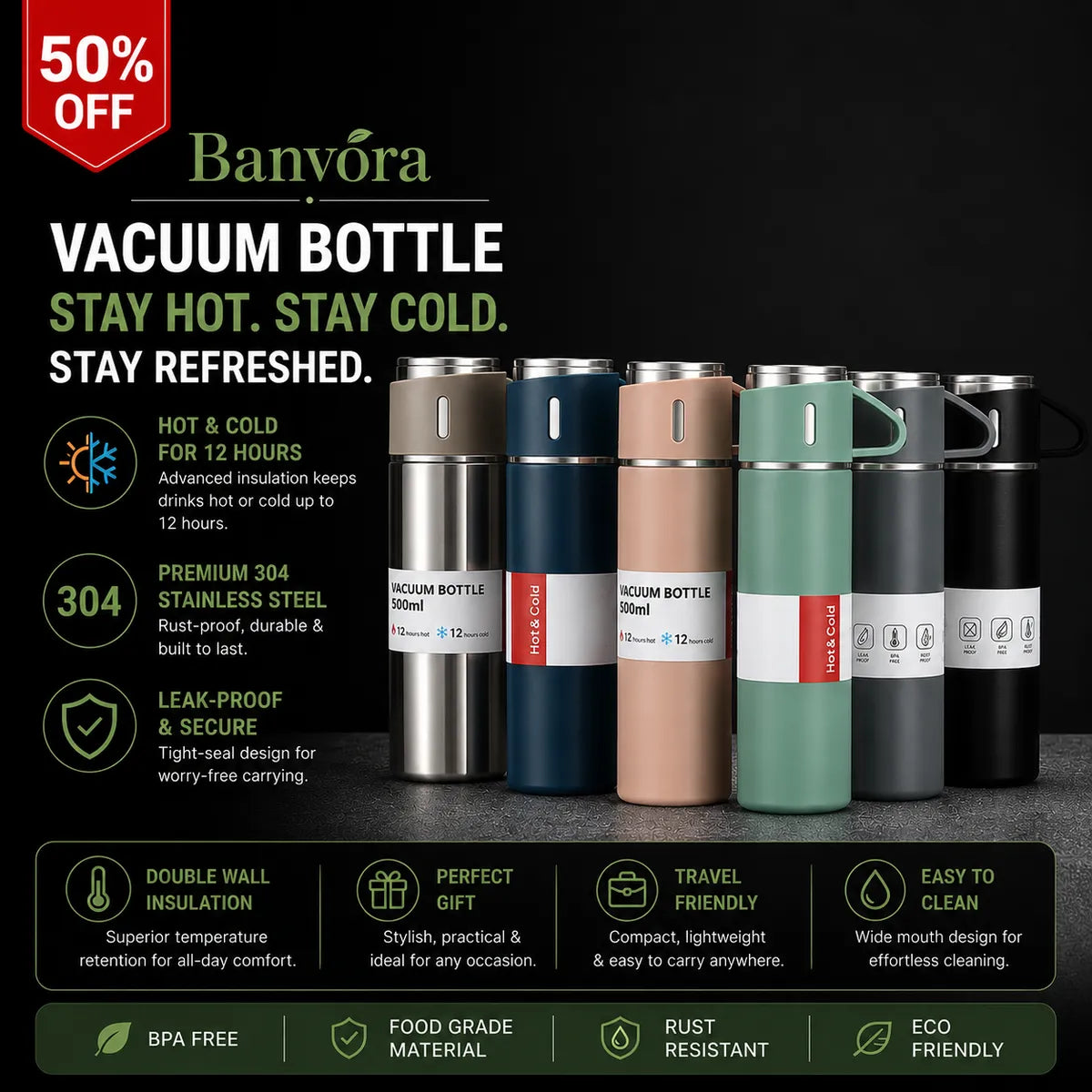 Multicolour Stainless Steel Vacuum Bottle Set With 2 Mugs 500 Ml - Insulated Flask Gift Set