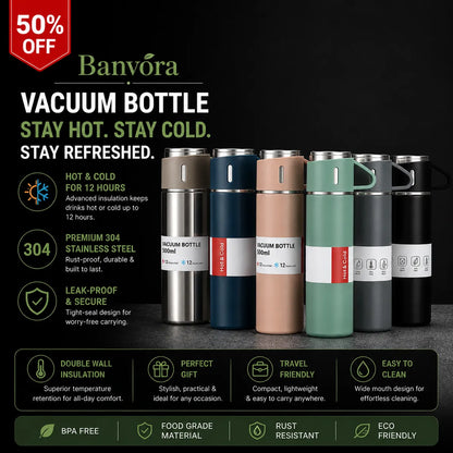 Multicolour Stainless Steel Vacuum Bottle Set With 2 Mugs 500 Ml - Insulated Flask Gift Set
