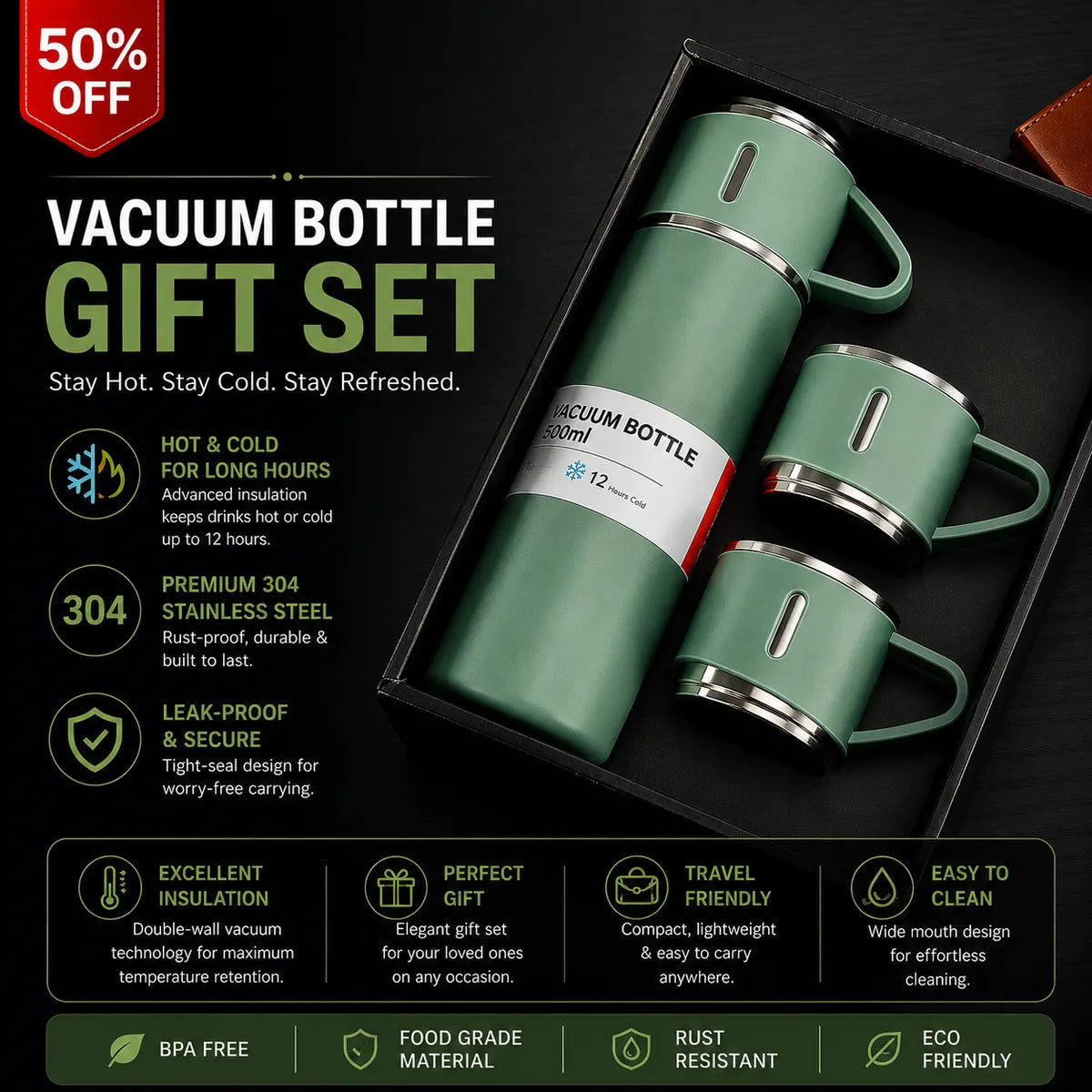 Multicolour Stainless Steel Vacuum Bottle Set With 2 Mugs 500 Ml - Insulated Flask Gift Set