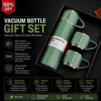 Multicolour Stainless Steel Vacuum Bottle Set With 2 Mugs 500 Ml - Insulated Flask Gift Set