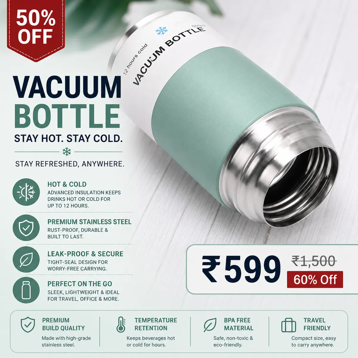 Multicolour Stainless Steel Vacuum Bottle Set With 2 Mugs 500 Ml - Insulated Flask Gift Set