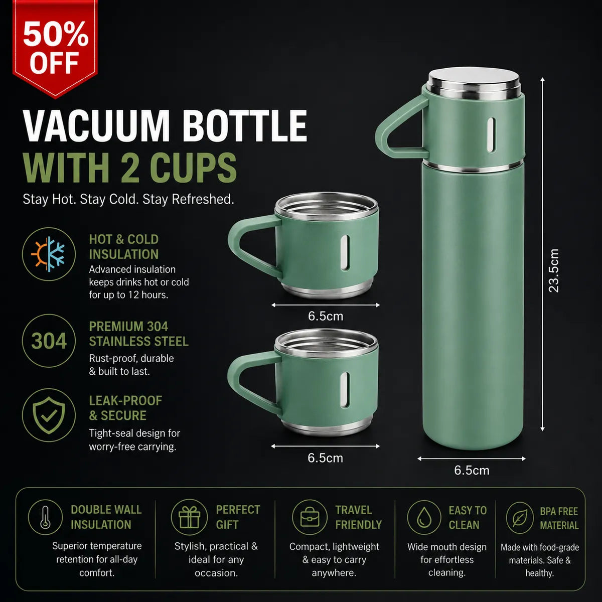 Multicolour Stainless Steel Vacuum Bottle Set With 2 Mugs 500 Ml - Insulated Flask Gift Set