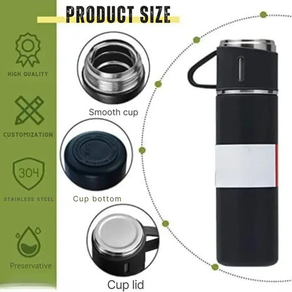 Multicolour Stainless Steel Vacuum Bottle Set With 2 Mugs 500 Ml - Insulated Flask Gift Set
